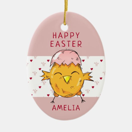 かわいいイースターシックとエッグシェルハートハッピーイースター セラミックオーナメント (正面)