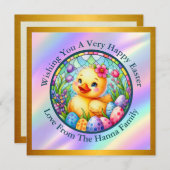 かわいいイースターチック、花、そしてカラフルな卵 招待状 (正面/裏面)