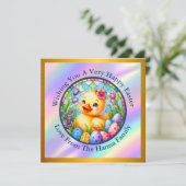 かわいいイースターチック、花、そしてカラフルな卵 招待状 (スタンド正面)