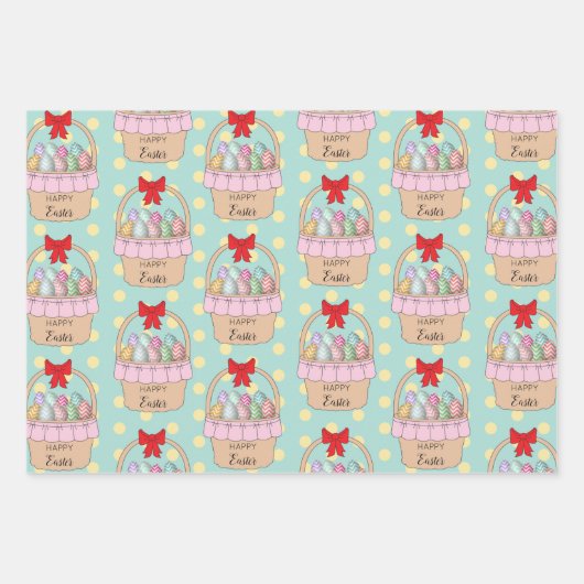 かわいいイースターバスケット&パステルイースターエッグ ラッピングペーパーシート (正面)
