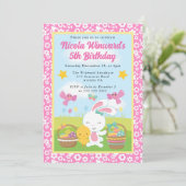 かわいいイースターバニーとひよこがテーマの春の子供の誕生日パーティー 招待状 (スタンド正面)