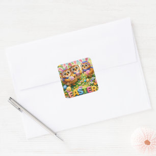 かわいいイースターバニーとオウルと恐竜のステッカー スクエアシール