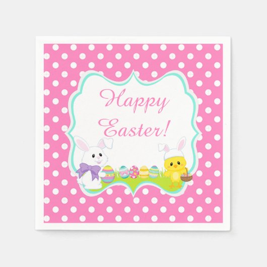 かわいいイースターバニーとシックなイースターエッグ狩り スタンダードカクテルナプキン (正面)