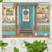 かわいいイースターバニーとバンドットケーキショップの水色 キッチンタオル (折り畳み)