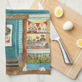 かわいいイースターバニーとバンドットケーキショップの水色 キッチンタオル (四つ折り)