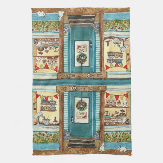 かわいいイースターバニーとバンドットケーキショップの水色 キッチンタオル (縦)