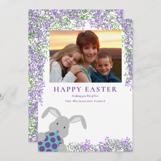 かわいいイースターバニーと卵のフローラ写真を追加 シーズンカード (正面/裏面)