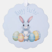 かわいいイースターバニーと卵の幼稚園ブルー オーナメントカード (正面)