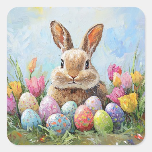 かわいいイースターバニーと色付き卵 スクエアシール (正面)