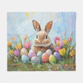 かわいいイースターバニーと色付き卵 フリースブランケット (正面(横))