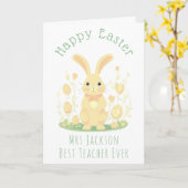 かわいいイースターバニーと金ゴールドエッグ最高の先生 カード (黄色い花)