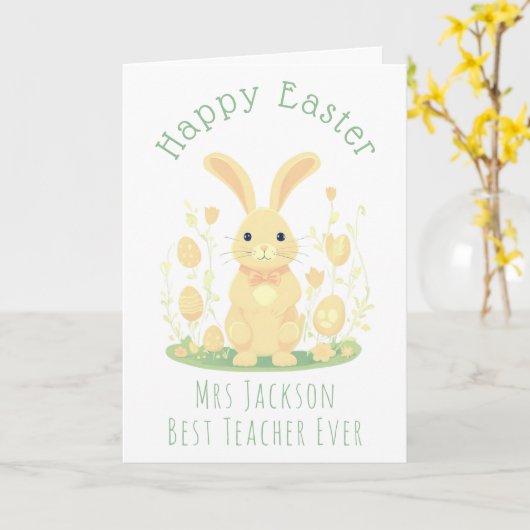 かわいいイースターバニーと金ゴールドエッグ最高の先生 カード (黄色い花)