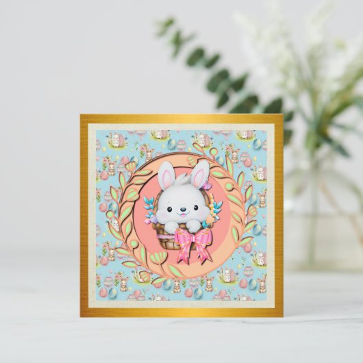 かわいいイースターバニーのかご座り 招待状 (スタンド正面)