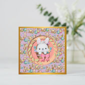 かわいいイースターバニーのかご座り 招待状 (スタンド正面)