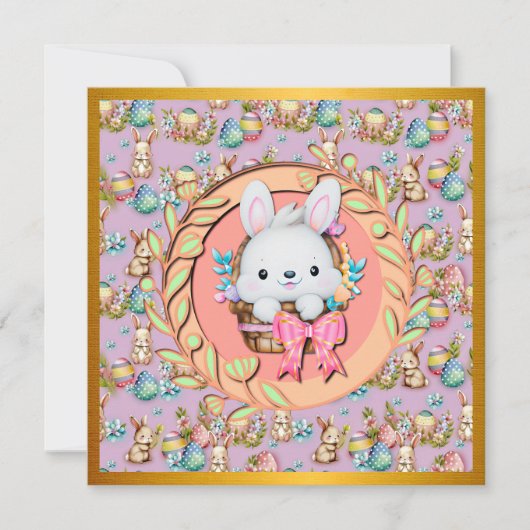 かわいいイースターバニーのかご座り 招待状 (正面)