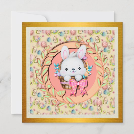 かわいいイースターバニーのかご座り 招待状 (正面)