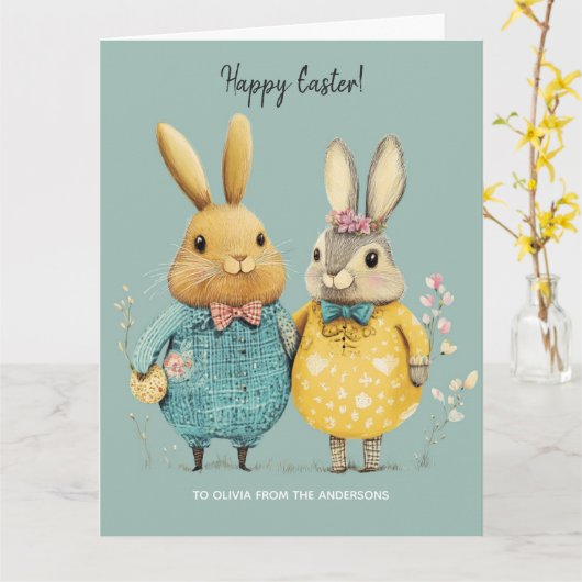 かわいいイースターバニーのカップル カード (黄色い花)