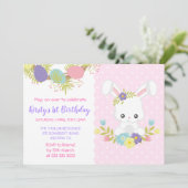 かわいいイースターバニーエッグフラワーバースデーパーティー 招待状 (スタンド正面)