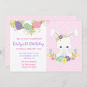 かわいいイースターバニーエッグフラワーバースデーパーティー 招待状 (正面/裏面)