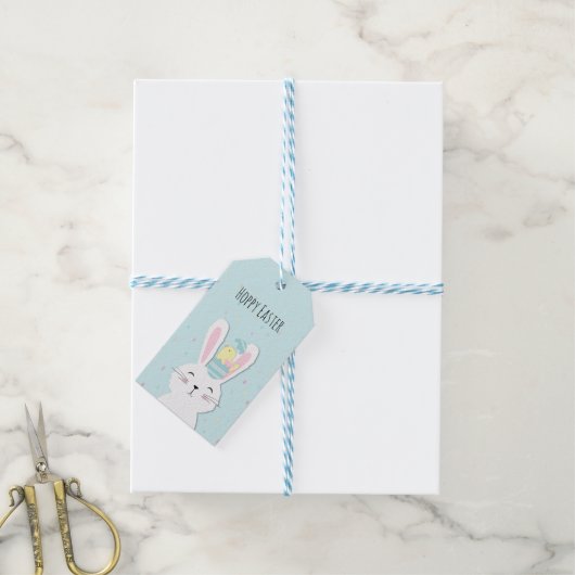 かわいいイースターバニーターコイズの背景 ギフトタグ (より糸付き)