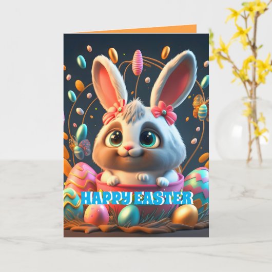 かわいいイースターバニーパーソナライズされたウサギの子供たち写真 カード (黄色い花)