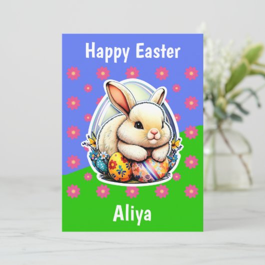かわいいイースターバニーピンクの花のパターン復活祭カード シーズンカード (スタンド正面)