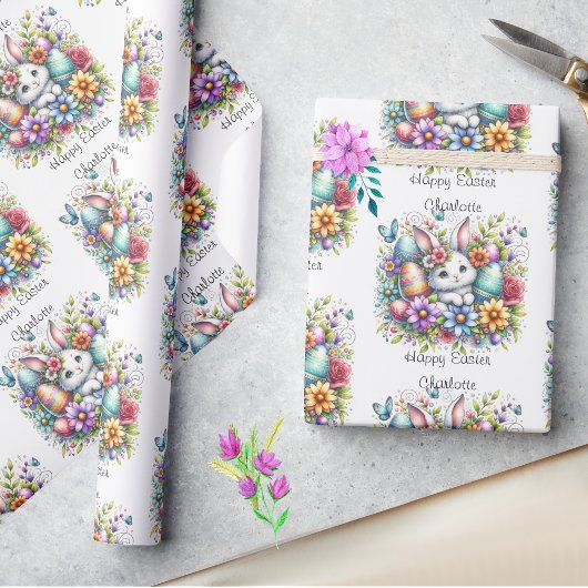 かわいいイースターバニー子供の名前または誕生日を追加 ラッピングペーパー