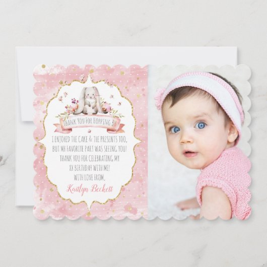 かわいいイースターバニー誕生日写真 サンキューカード (正面)