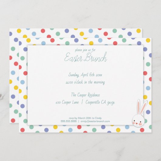 かわいいイースターバニー ポルカドット ブランシュ 招待状 (正面/裏面)