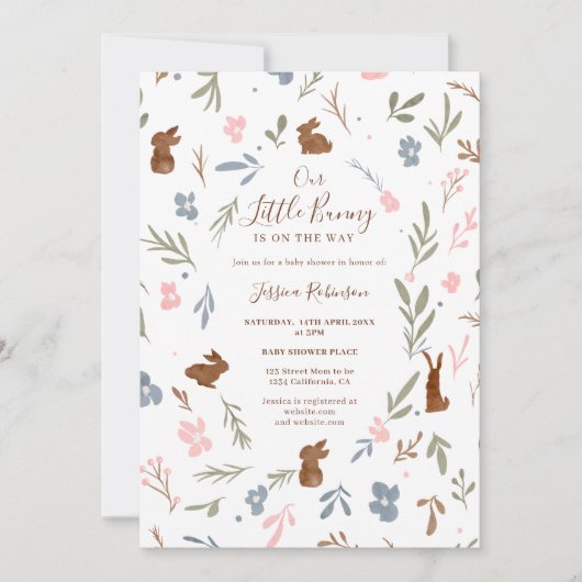 かわいいイースターフローラウサギ小さなバニー赤ちゃんシャワー 招待状 (正面)