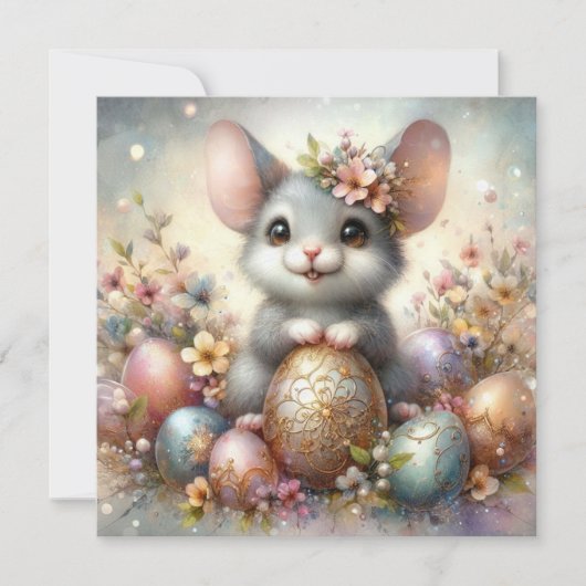 かわいいイースターマウスと卵を持つフローラファンタジー シーズンカード (正面)