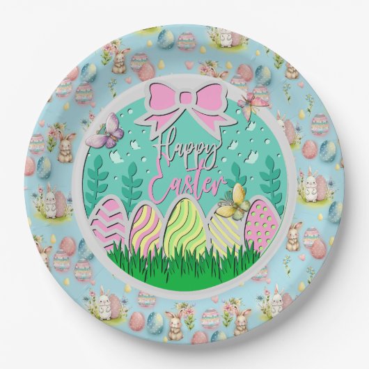 かわいいイースター卵狩りと蝶カラフル類 ペーパープレート (正面)