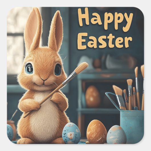 かわいいイースター絵を描バニーの卵：春の芸術 スクエアシール (正面)