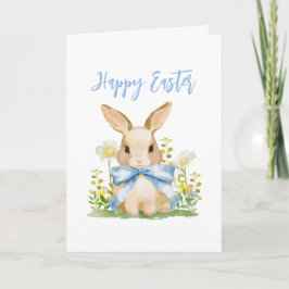 かわいいイースター ウォーターカラー ウサギ ギンガム 青いリボン シーズンカード