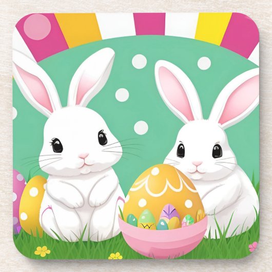 🐰 かわいいイースター・バニーとカラフルなイースターエッグ コースター (正面)