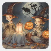 かわいいウィッチカボンプキンハロウィーンこうもり スクエアシール (正面)