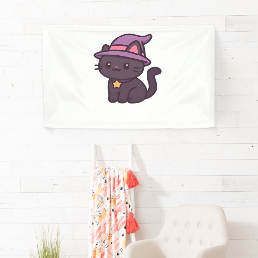 かわいいウィッチキャットイン紫クラシック帽子Tシャツ 横断幕 (インサイチュ)