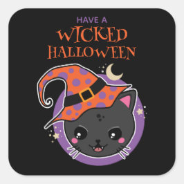 かわいいウィッチキャットハロウィーン スクエアシール