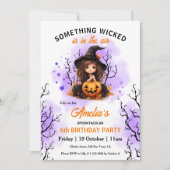 かわいいウィッチパープルオレンジハロウィンガールズ誕生日 招待状 (正面)