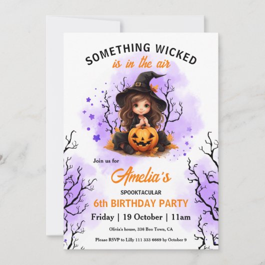 かわいいウィッチパープルオレンジハロウィンガールズ誕生日 招待状 (正面)