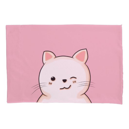 かわいいウィンキングキティ猫ピンクピローケース 枕カバー (正面)