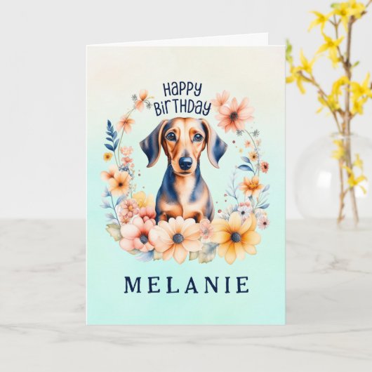 かわいいウインナソーセージドッグ誕生日 |名刺の追加 カード (黄色い花)