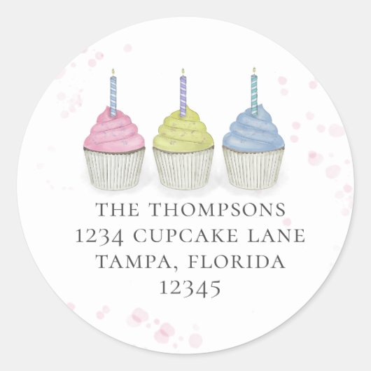 かわいいウォーターカラーカップケーキお洒落差出人住所 ラウンドシール (正面)
