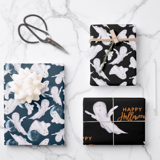かわいいウォーターカラーハロウィーン幽霊たち ラッピングペーパーシート (正面)