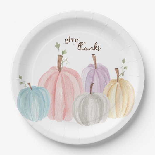 かわいいウォーターカラーパステルパンプキ与えン感謝していス ペーパープレート (正面)