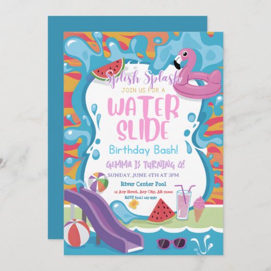 かわいいウォータースライドプール子供の誕生日パーティー 招待状 (正面/裏面)