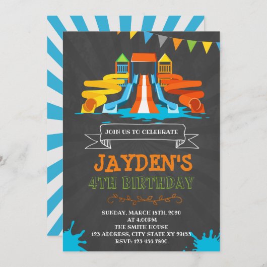 かわいいウォーターパーク誕生日パーティーの招待 招待状 (正面/裏面)