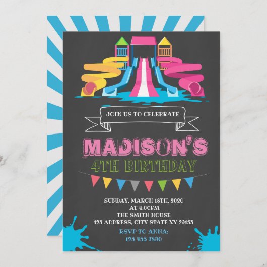 かわいいウォーターパーク誕生日パーティーの招待 招待状 (正面/裏面)