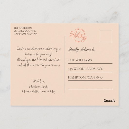 かわいいウオーターカラートナカイとクリスマスライト ポストカード (裏面)