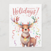 かわいいウオーターカラートナカイとクリスマスライト ポストカード (正面)